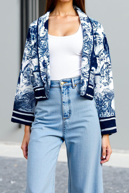 Damska Kurtka Pikowana z Kwiatowym Nadrukiem