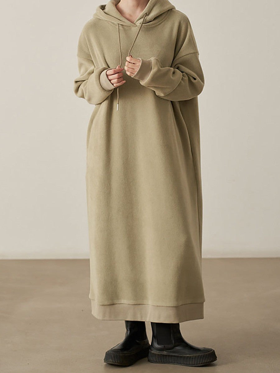Damska Sukienka Bluza Oversize z Kapturem i Długimi Rękawami Raglan - Khaki