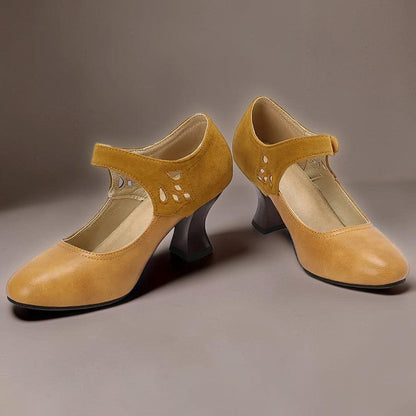 Damskie Czółenka z Zapinanym Paskiem na Guzik w Stylu Retro - Żółty