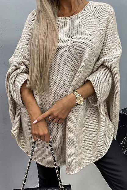 Damski Sweter Oversize z Okrągłym Dekoltem - Beżowy