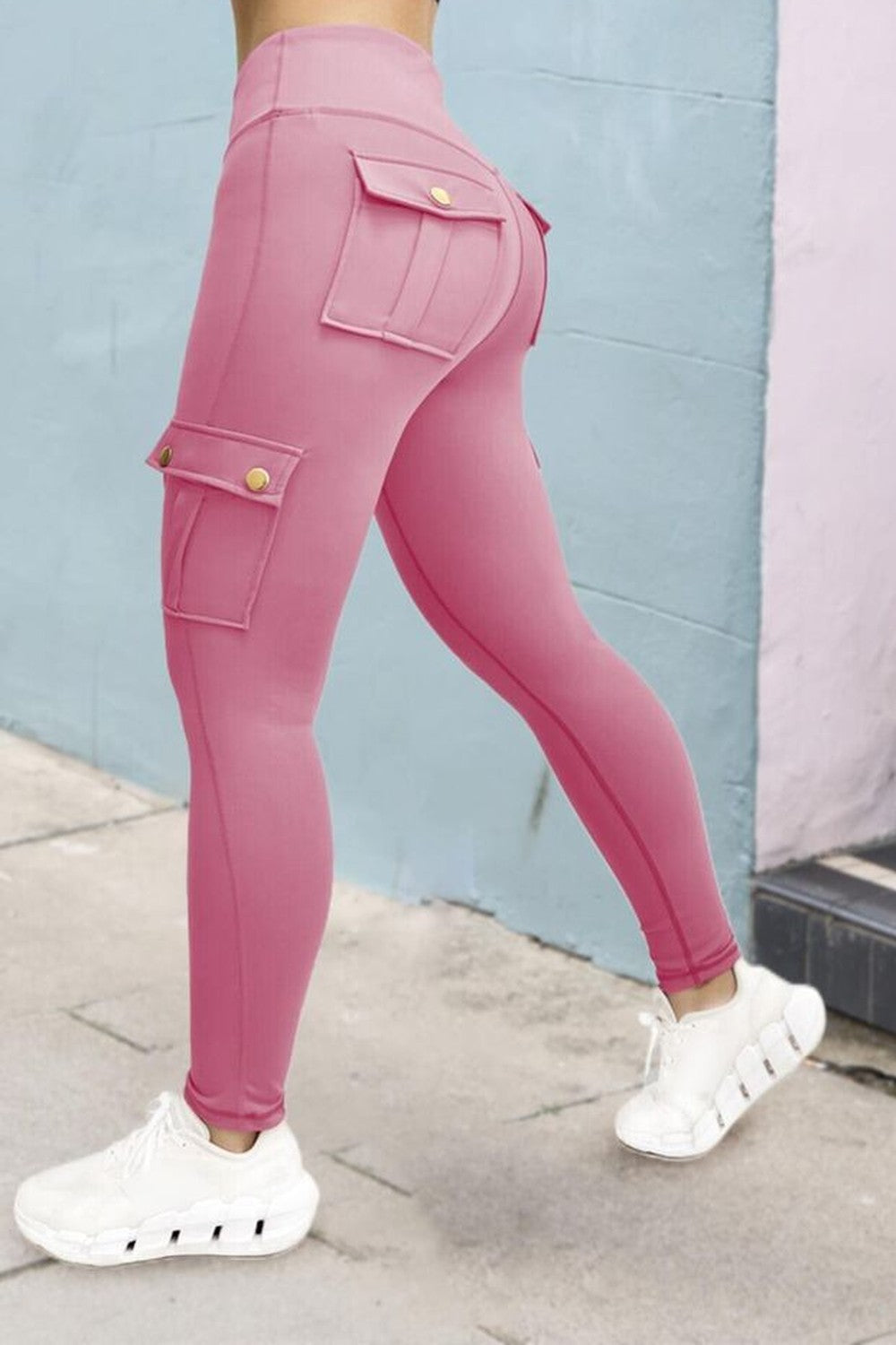 Damskie Legginsy Sportowe z Kieszeniami Cargo - Różowy