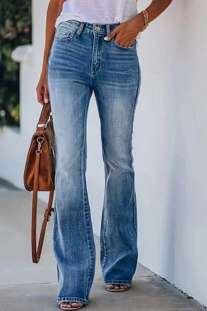 Damskie Jeansy Flare z Wysokim Stanem - Niebieski