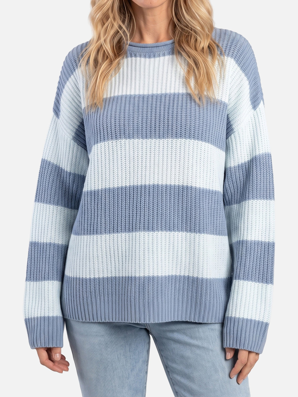 Damski Sweter Oversize w Paski z Bufiastymi Rękawami