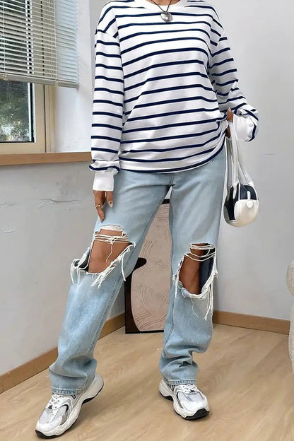 Damska Bluza Oversize w Paski - Niebieski/Biały